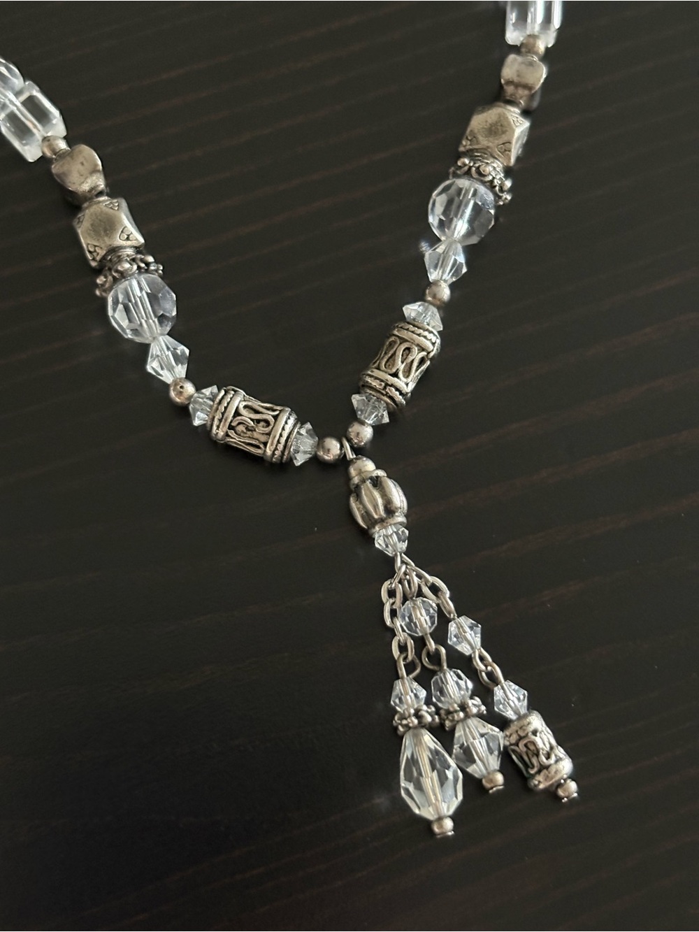 Crystal and Silver Beaded Tassel Necklace